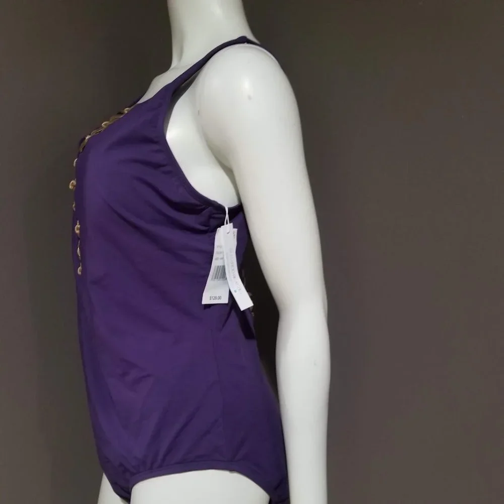 Bleu by Rod Beattie Kore One Piece High Neck Lace Down Swimsuit Purple Size 16W - Picture 4 of 13